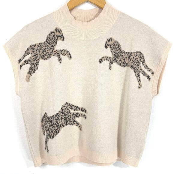 Apricot Leopard Print Sweater Size M Tan Brown Mock Neck Short Sleeve Top - Picture 3 of 9